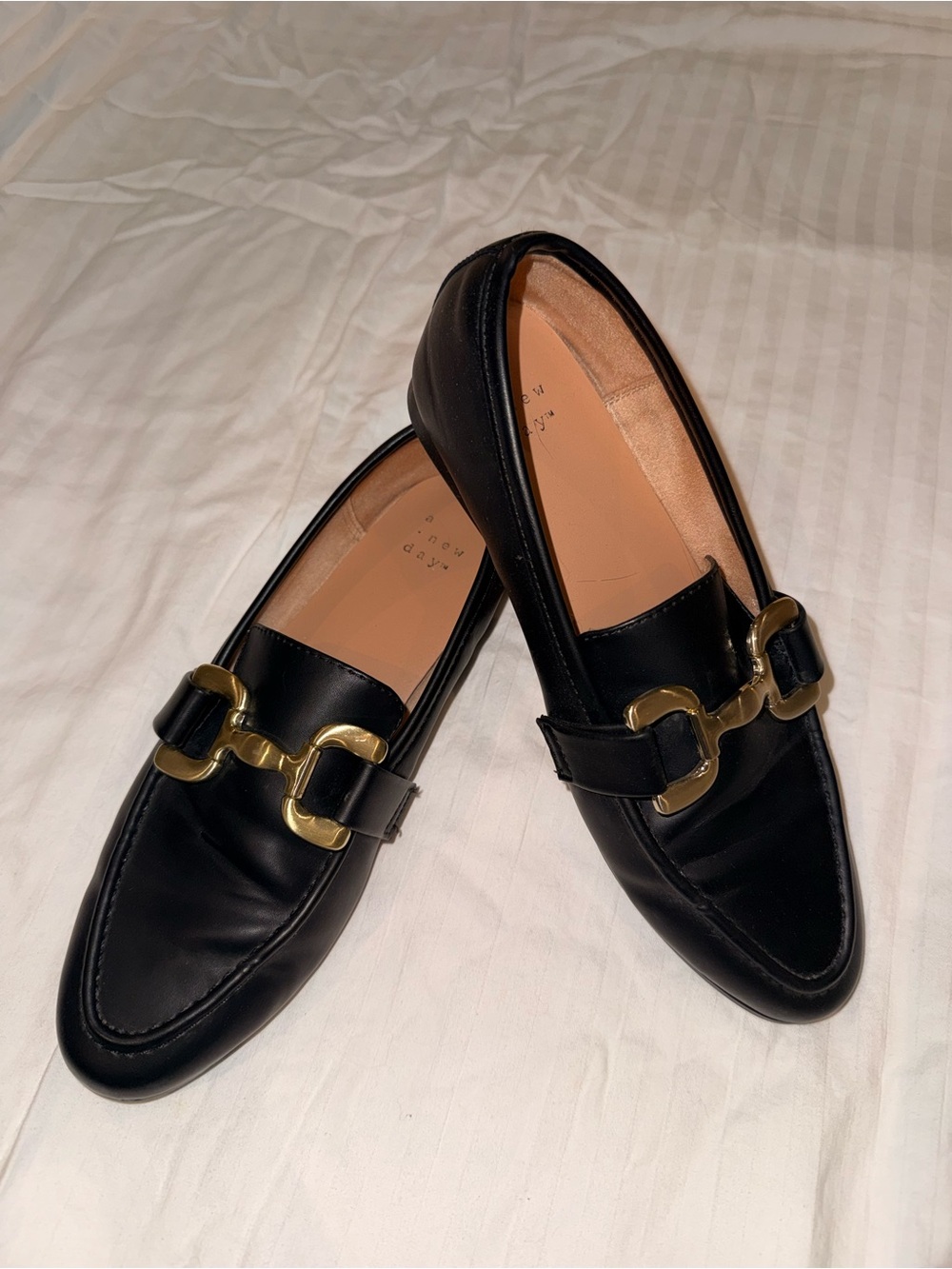 Worn Once! Black Leather Loafers with Gold Buckle - Size 6.5